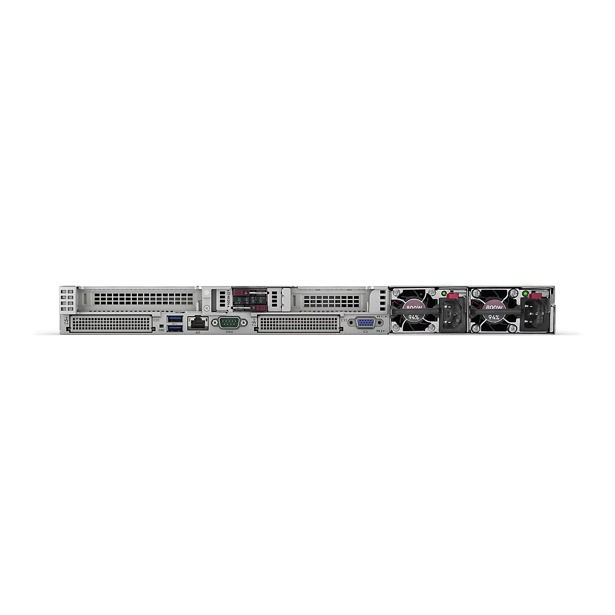 Rückansicht eines silbernen Servers mit Lüftern und Anschlüssen. Auf den Lüftern steht 800W und 94%.