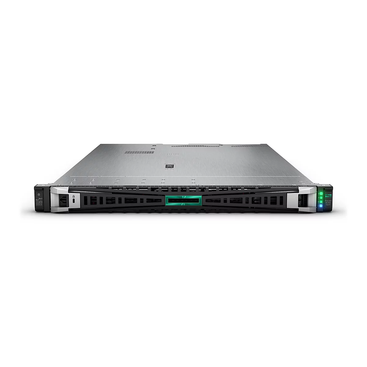 Ein Server-Rack in silber und schwarz auf weißem Hintergrund. Vorne befinden sich grüne Akzente und Anzeigen.