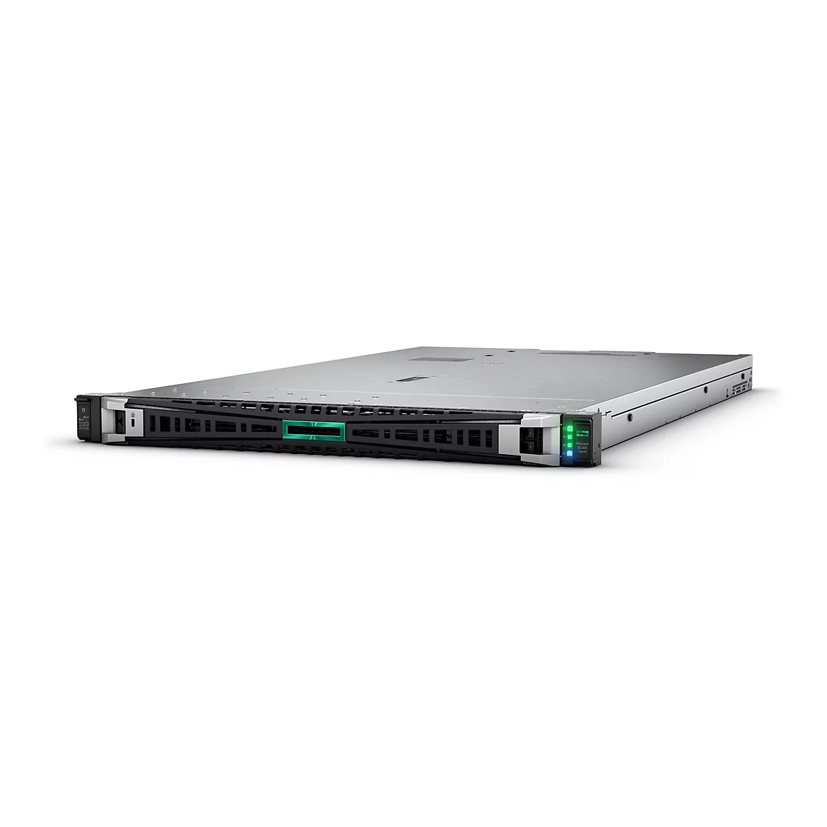 Ein grauer Server, Frontansicht, mit grünen und blauen LEDs und dem HP-Logo. Auf dem Server sind Schriftzüge zu sehen.