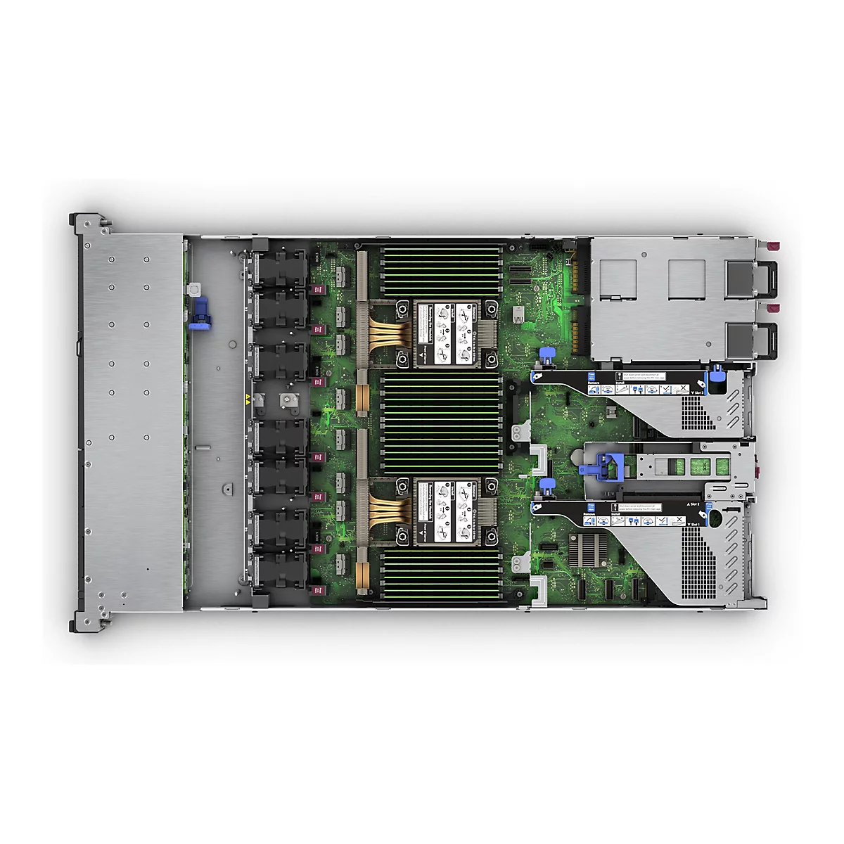 Vue de dessus d'un serveur ; vue interne avec des circuits imprimés verts, des dissipateurs de chaleur et d'autres composants.