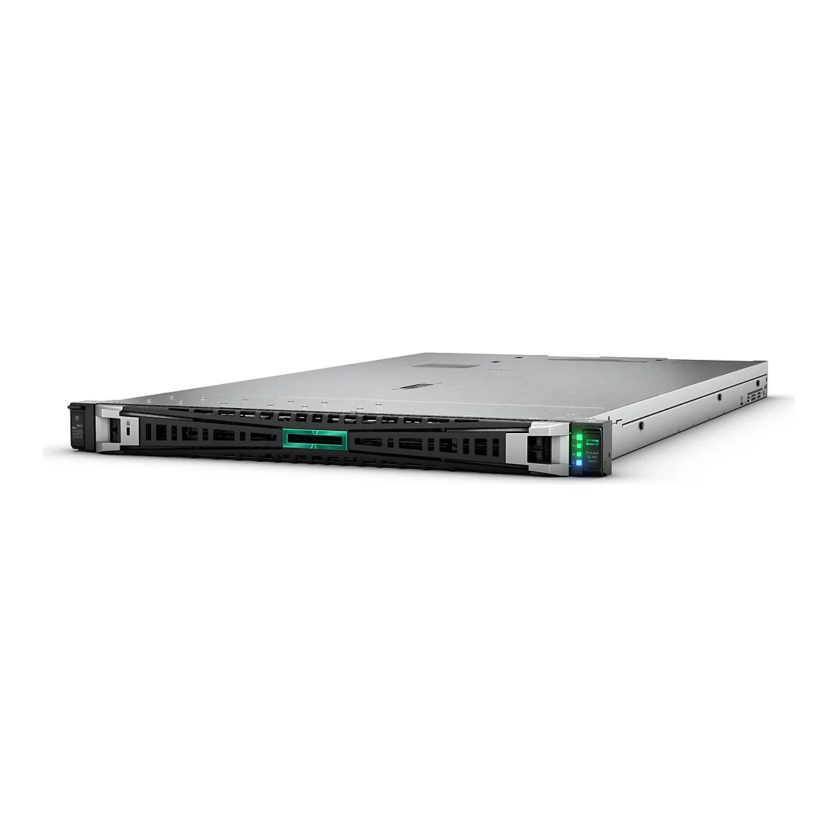 Un serveur avec un dessus argenté et un devant noir, sur fond blanc. Marquage HP vert.