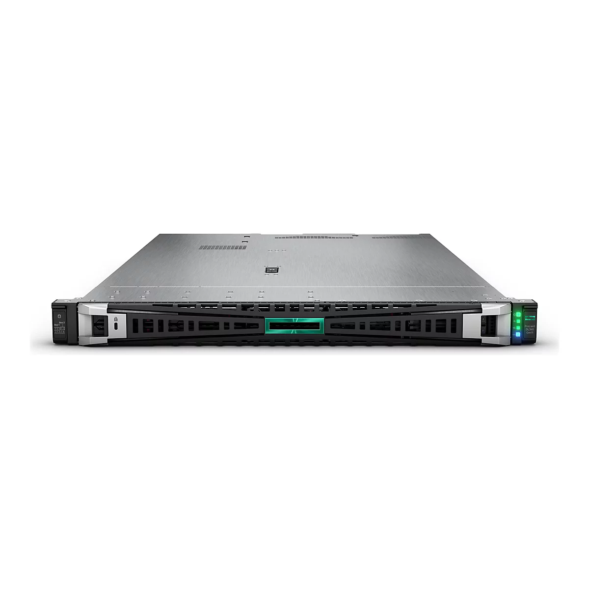Un rack serveur gris avec des détails noirs et un logo vert. Les détails incluent des emplacements SSD et des voyants.
