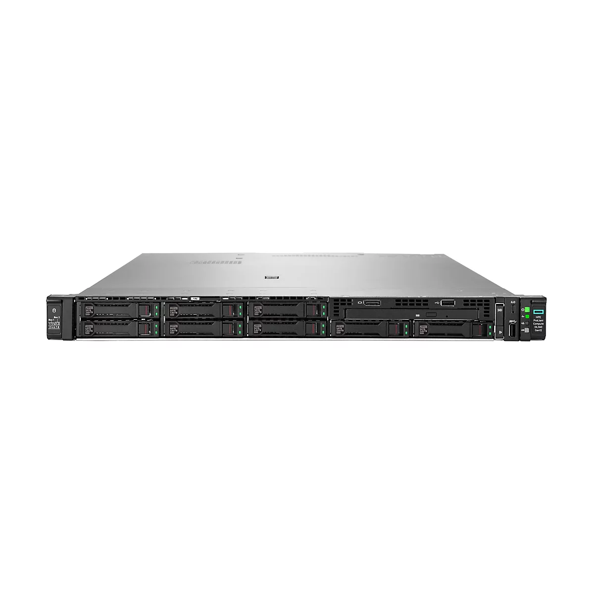 Un serveur rack gris, photographié de face, sur un fond blanc. Il possède plusieurs emplacements pour disques durs et divers ports.