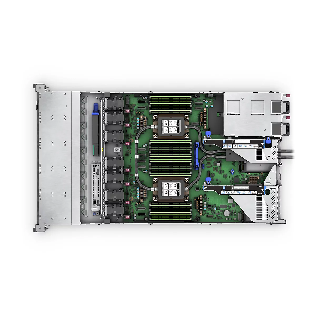 Vue de dessus d'un rack serveur ouvert. Plusieurs composants, des systèmes de refroidissement et des connexions sont disposés sur la carte de circuit imprimé verte, ainsi que des instructions pour l'installation et la désinstallation.