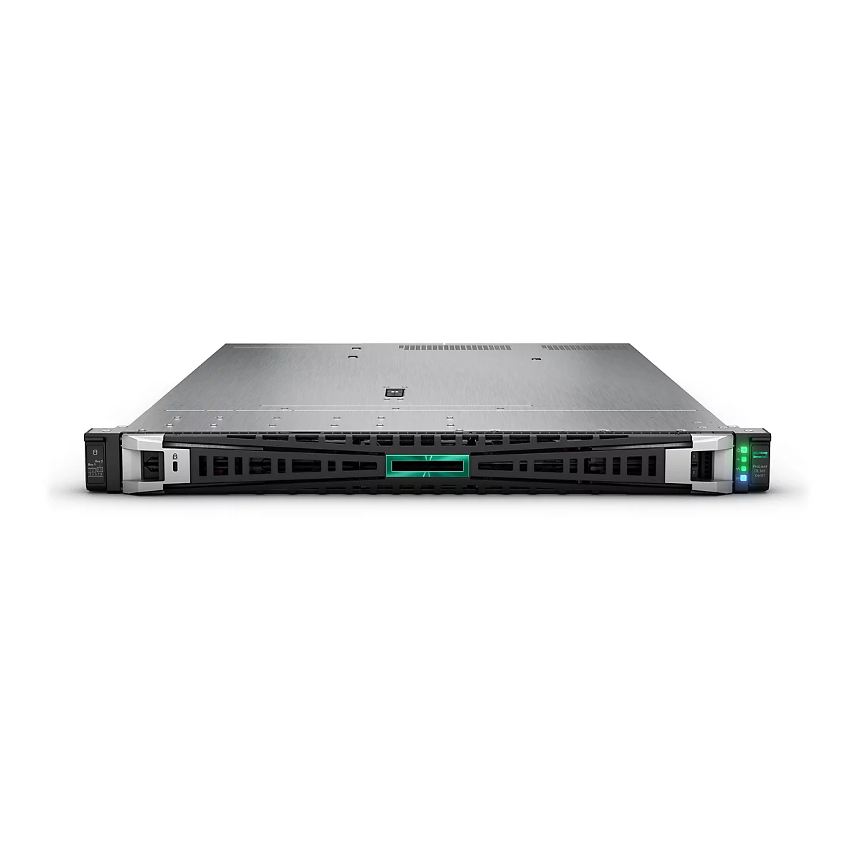 Ein Server mit silberfarbenem Gehäuse. Die Vorderseite zeigt grüne und blaue LEDs sowie Lüfteröffnungen.
