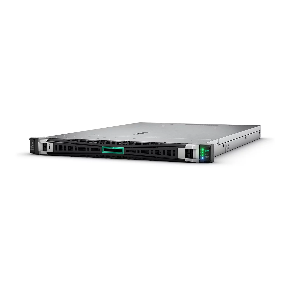 Ein Server in Grautönen mit schwarzer Front und grünem Logo. Strom- und Aktivitätsanzeigen in Grün und Blau.