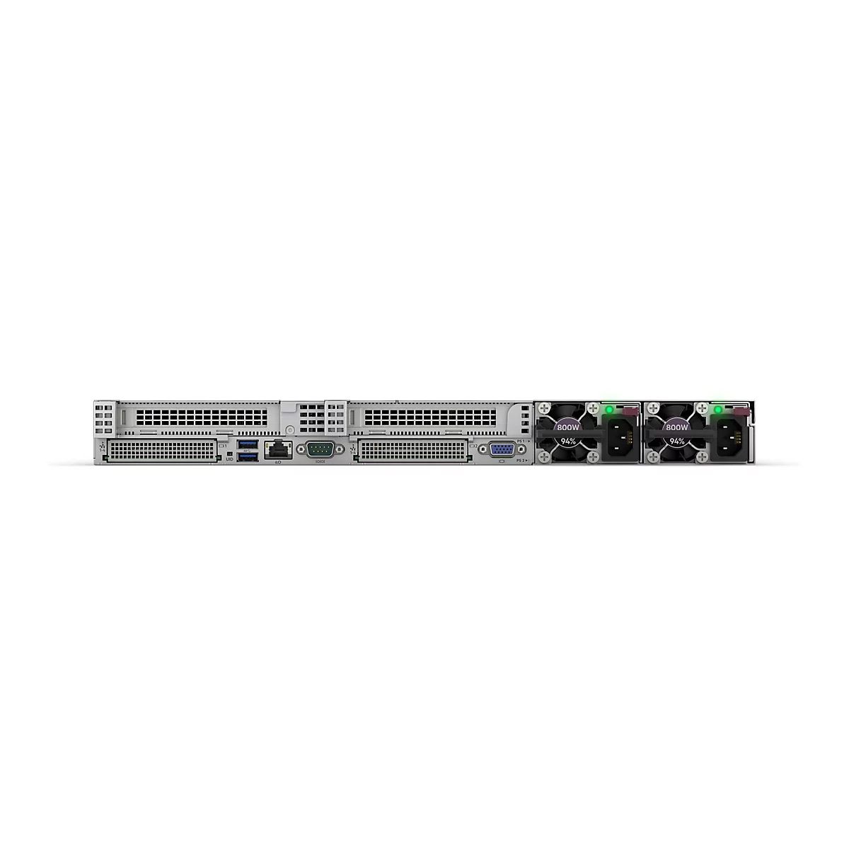 Ein Server von vorne. Graues Metallgehäuse mit Lüftern, Anschlüssen und Anzeigen.