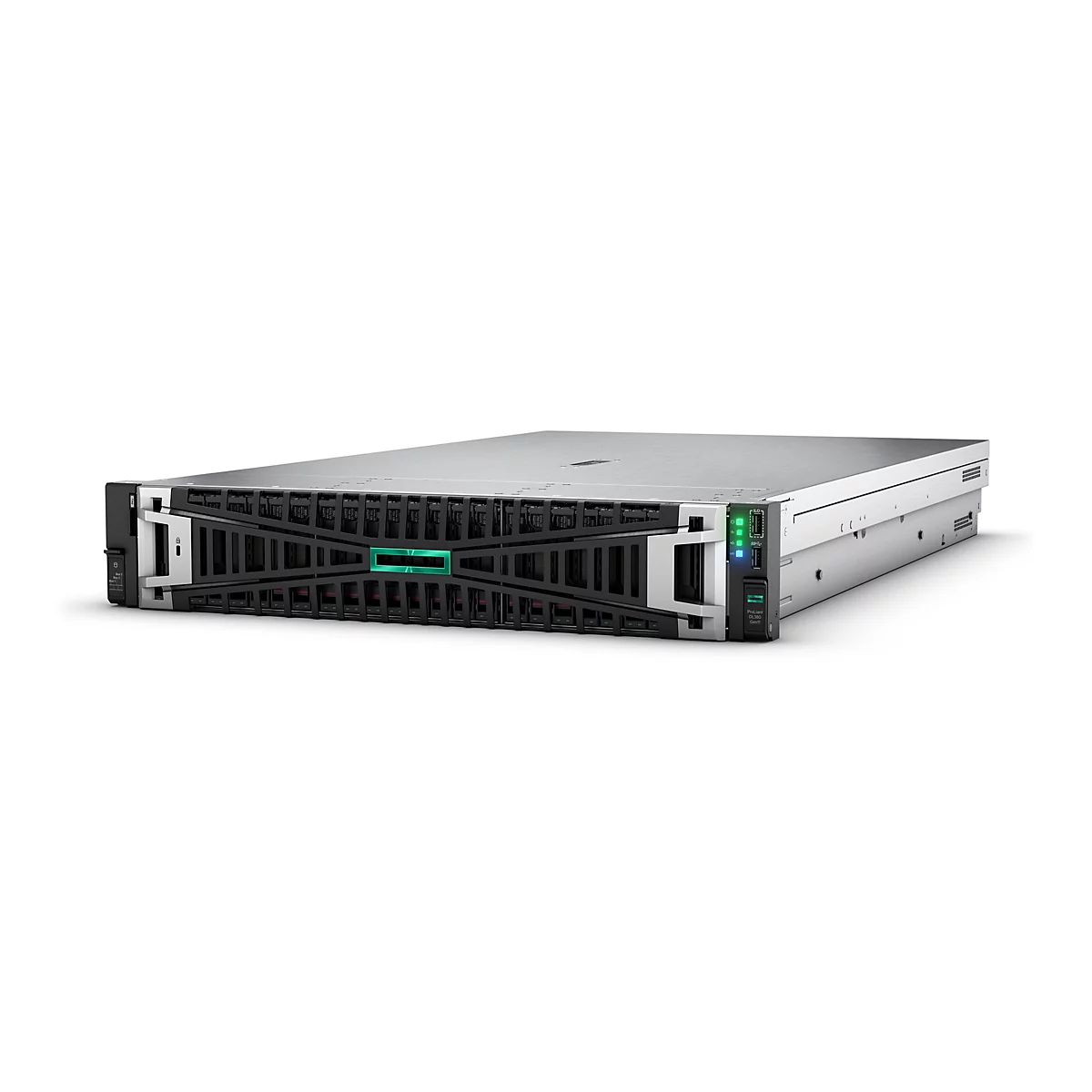 Un serveur en rack, boîtier argenté, face avant noire avec logo HP.