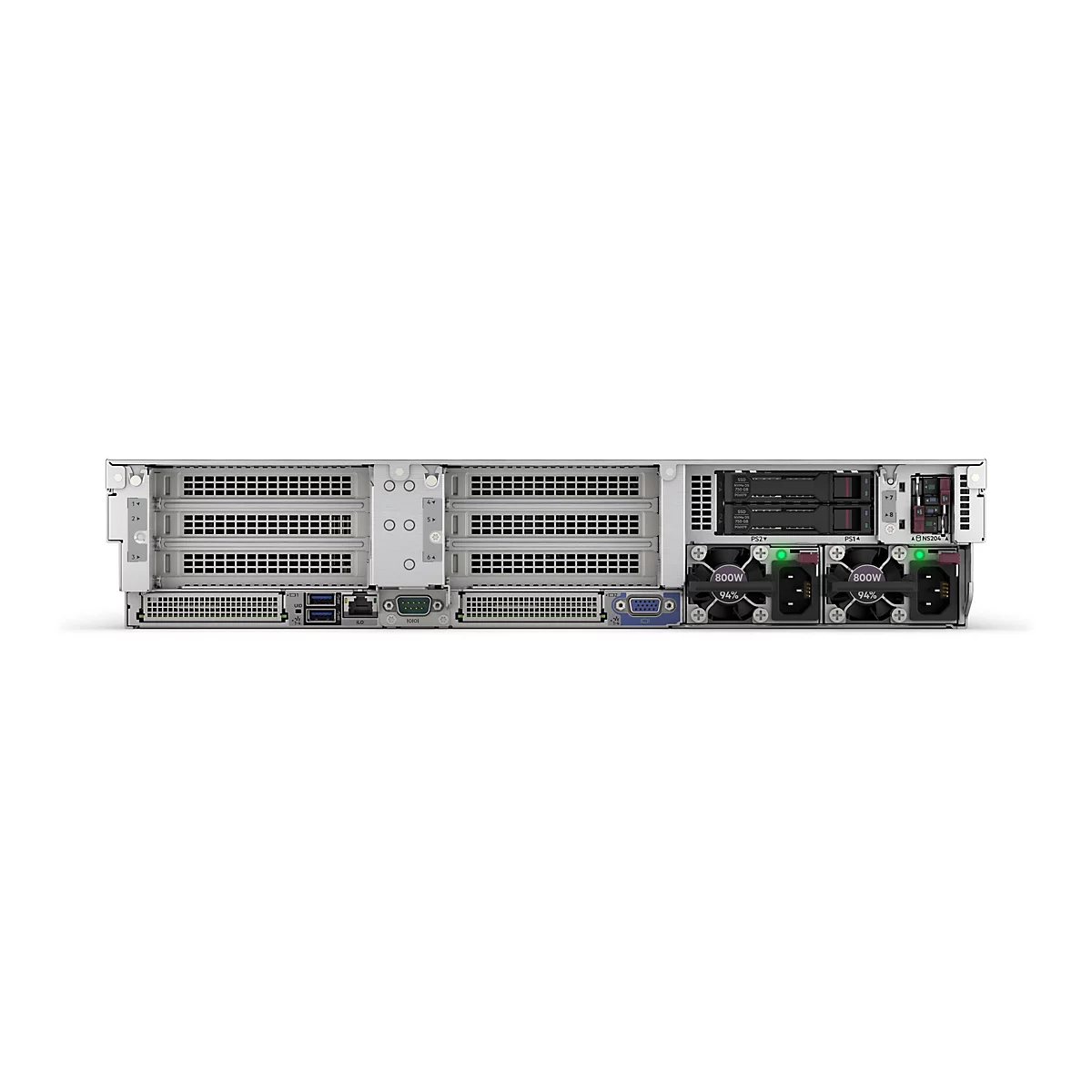 Gros plan de l'arrière d'un serveur. De nombreuses ouvertures, connecteurs et ventilateurs sont visibles. Des étiquettes comme "PS2", "PS1A", "800W" et "SSD" sont visibles.