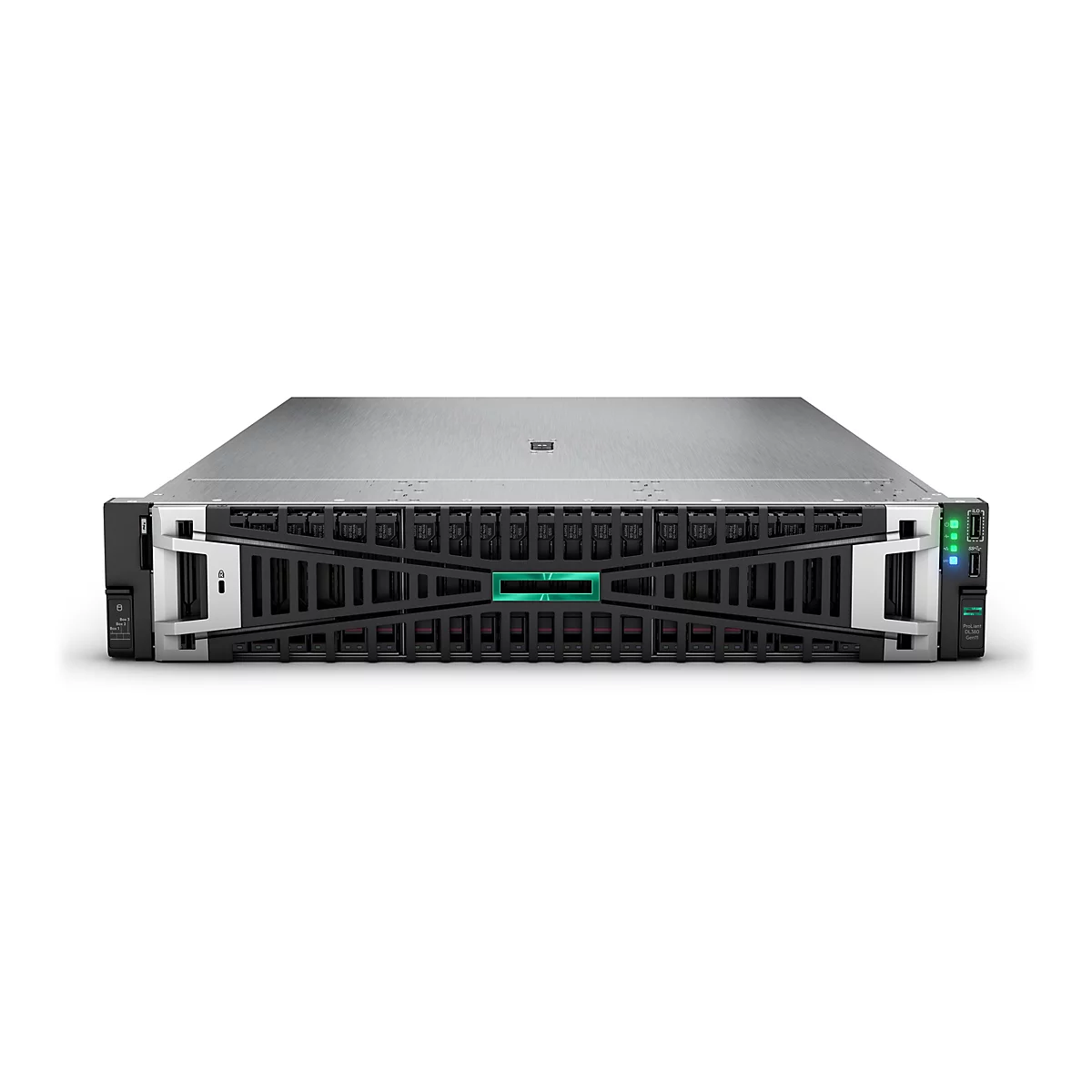 Ein Server-Rack mit schwarzer Front und grünem Logo in der Mitte. An den Seiten befinden sich blaue und grüne Lichter sowie Anschlüsse.