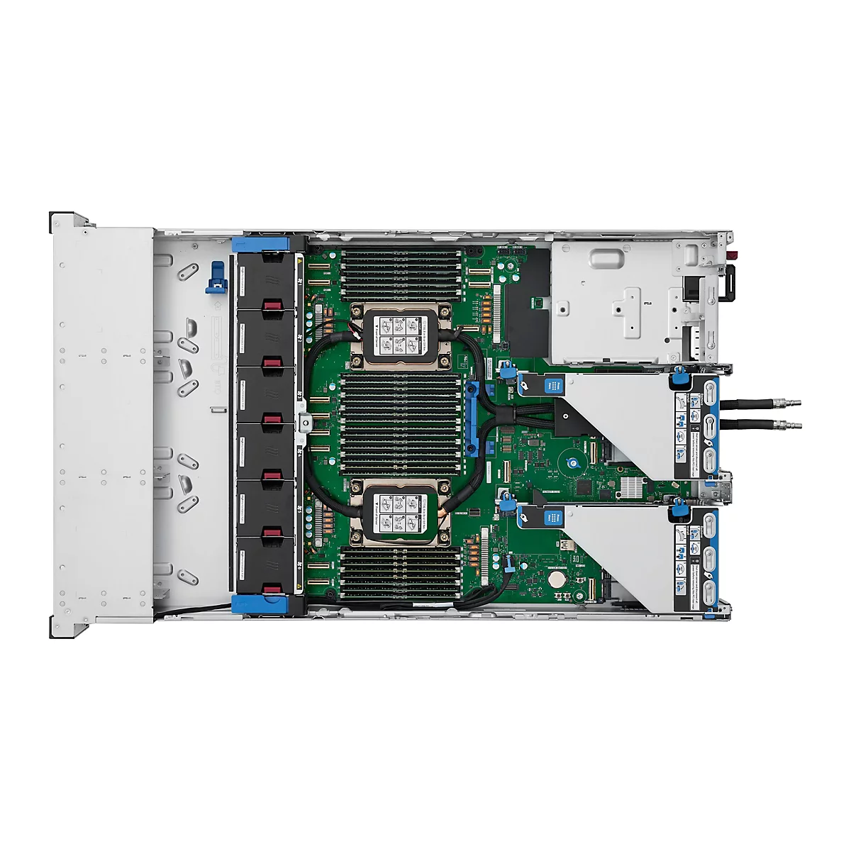 Un serveur vu de dessus. Les composants internes, y compris les circuits imprimés verts, les disques durs, les dissipateurs thermiques, les câbles et les fentes, sont clairement visibles.