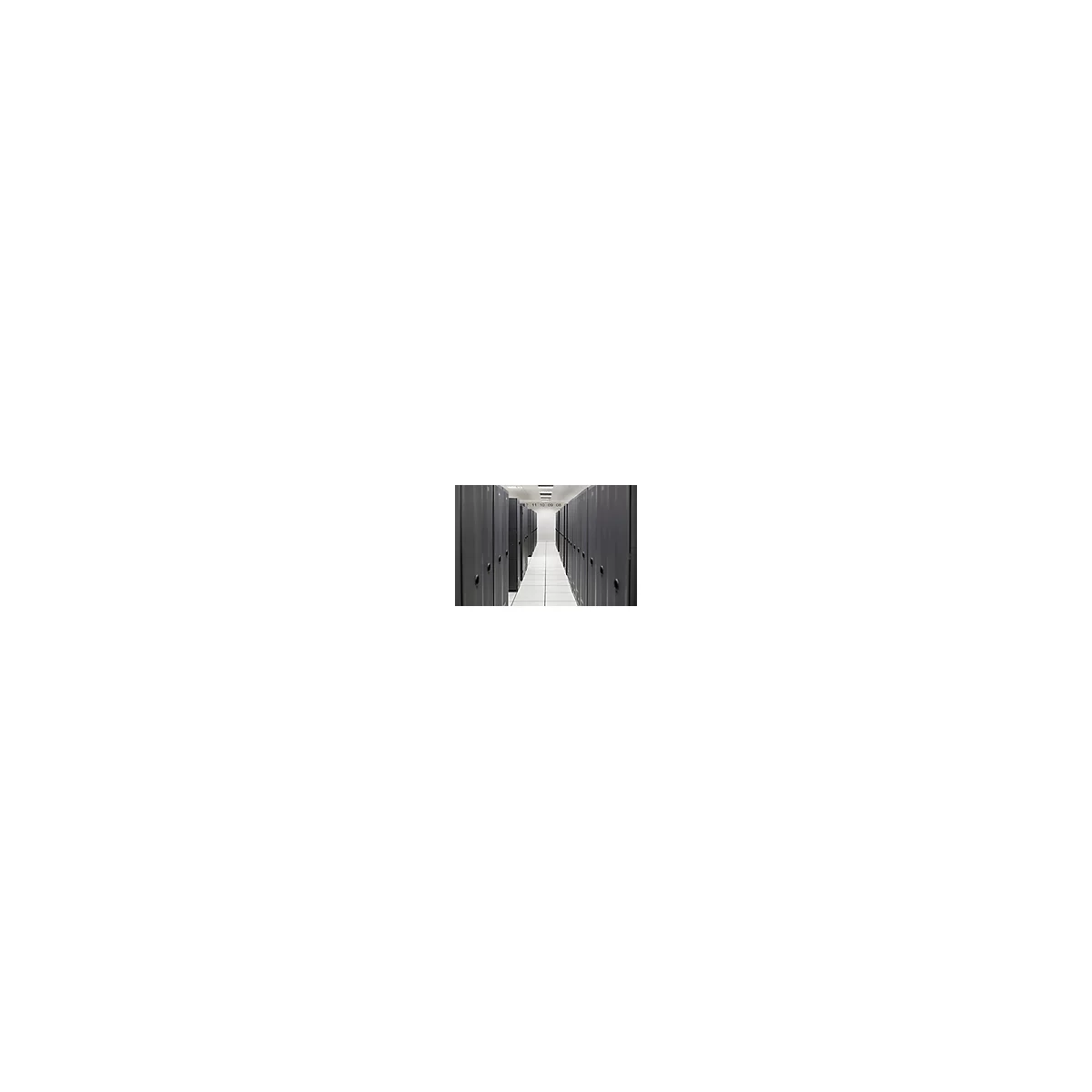 Reihen von Server-Racks in einem Rechenzentrum. Graue Türen bilden Gänge, Deckenbeleuchtung.