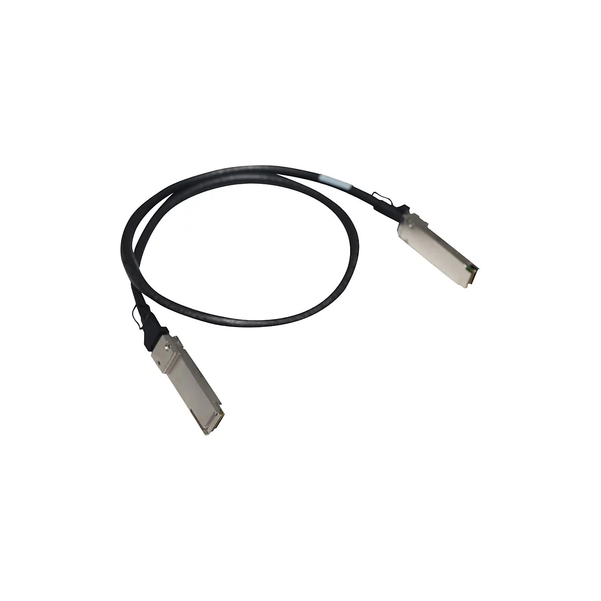 Schwarzes Kabel mit Metallsteckern an beiden Enden, auf weißem Hintergrund.