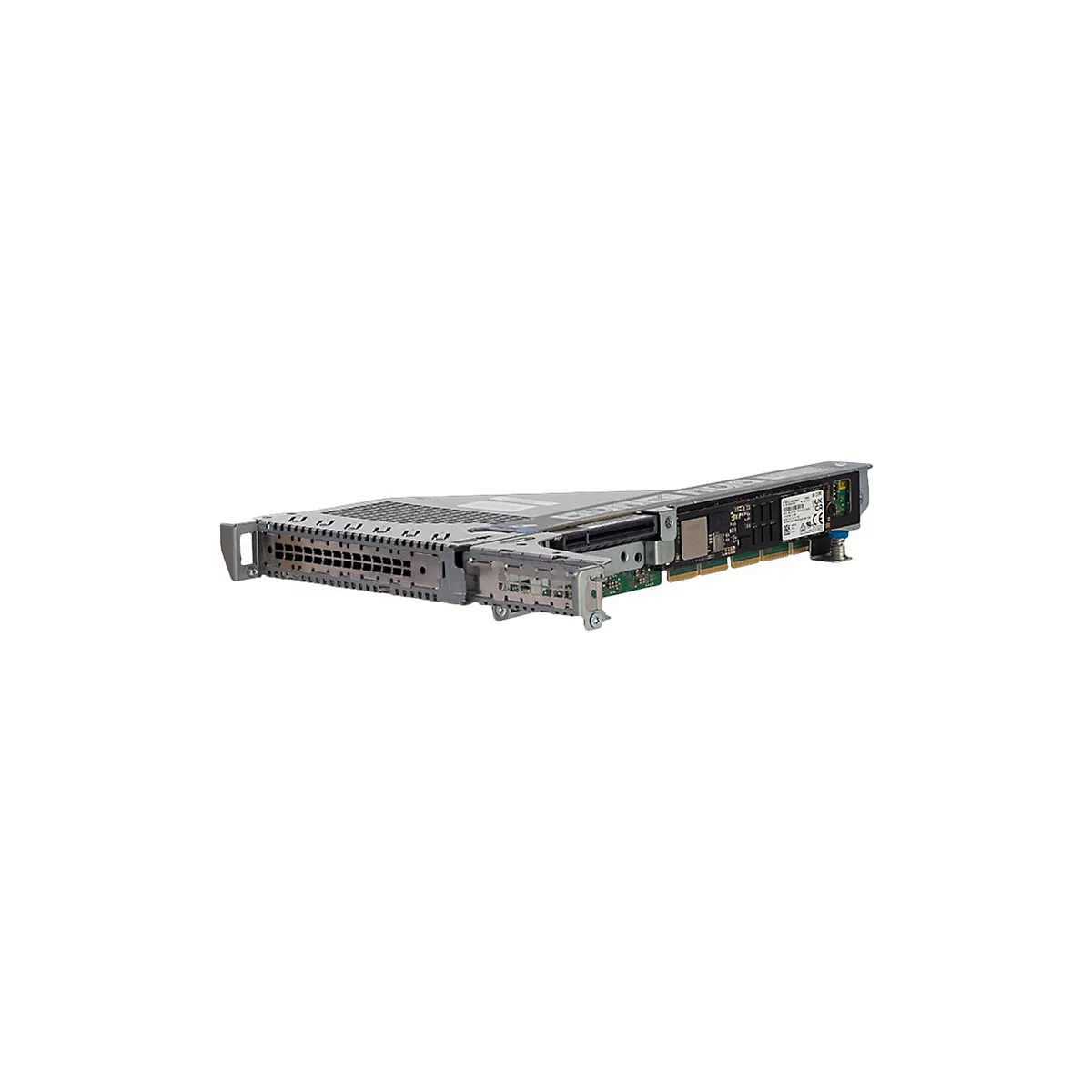 Ein graues Server-Add-on vor weißem Hintergrund. Es hat viele Anschlüsse und elektronische Komponenten.