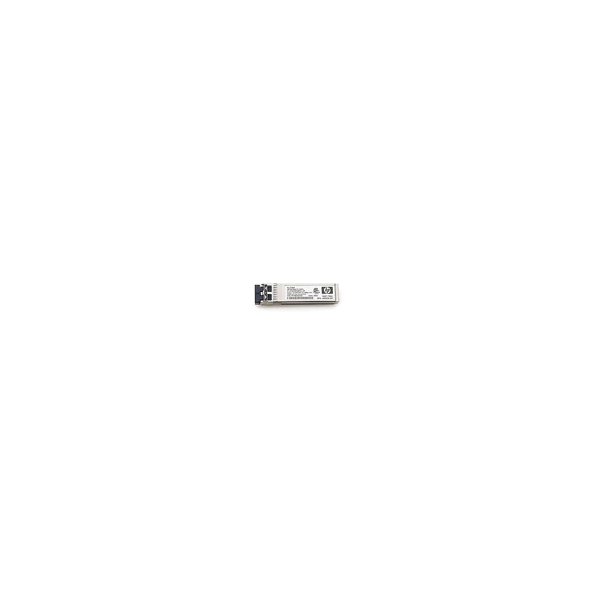 Ein silberner HP SFP+ Transceiver auf weißem Hintergrund. Mit Produktinformationen und Logo.