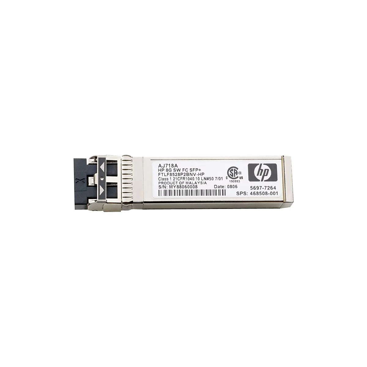 Ein silberner HP-Netzwerktransceiver mit Labeln und Text. Links ein schwarzer Anschluss.