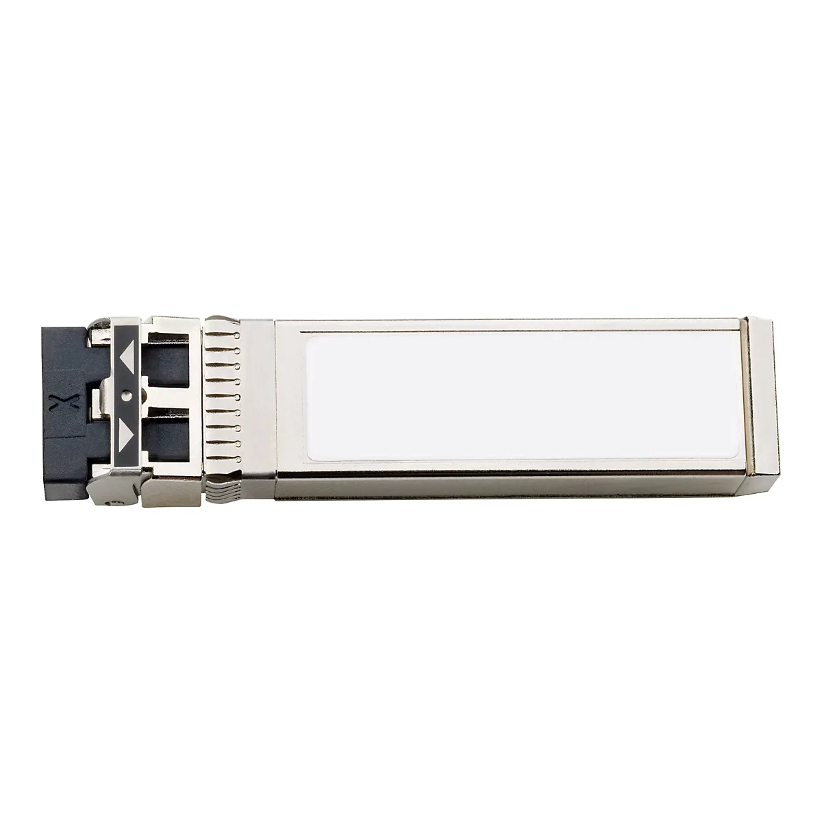 Ein silberner SFP-Transceiver, einsteckbares Gerät für optische Datenübertragung. Schwarzer Stecker links, weißes Feld und Metallgehäuse.
