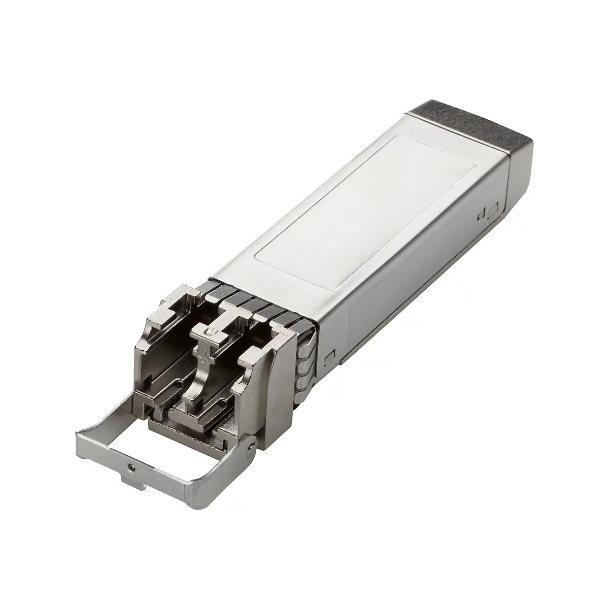 Ein silberfarbener SFP-Transceiver, der auf einem weißen Hintergrund abgebildet ist.