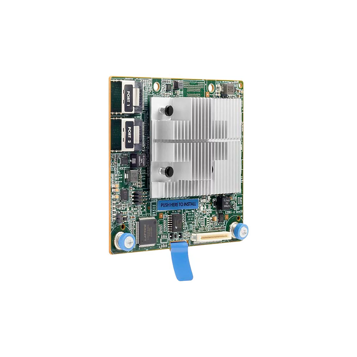 Eine grüne Platine mit elektronischen Bauteilen und Kühlkörpern, Ports und der Aufschrift "PUSH HERE TO INSTALL".