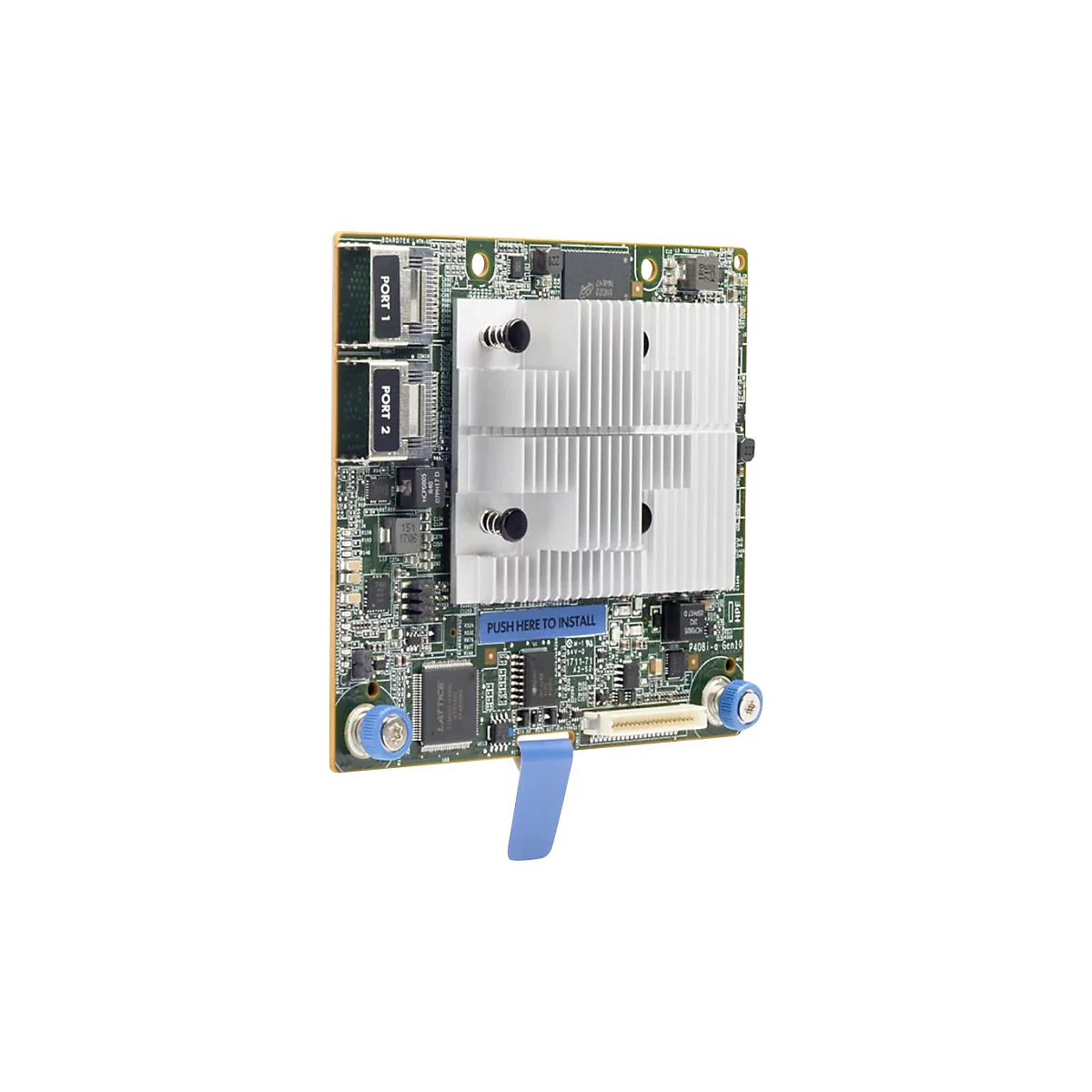 Une carte d'ordinateur avec des dissipateurs thermiques, des ports et le texte "PUSH HERE TO INSTALL".