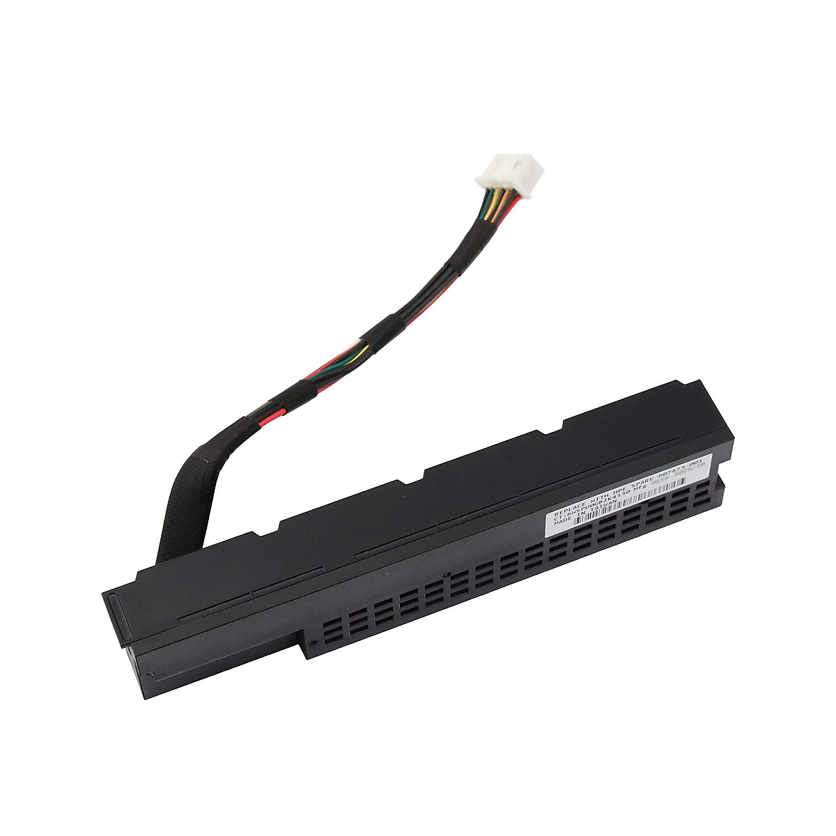 Schwarzes elektronisches Bauteil mit Kabel und Stecker, auf weißem Hintergrund.