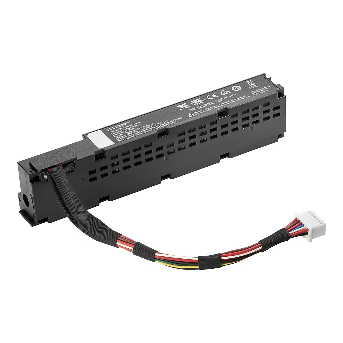 Schwarzes elektronisches Bauteil mit Kabeln und Stecker. Beschriftung mit technischen Details. Weißer Hintergrund.