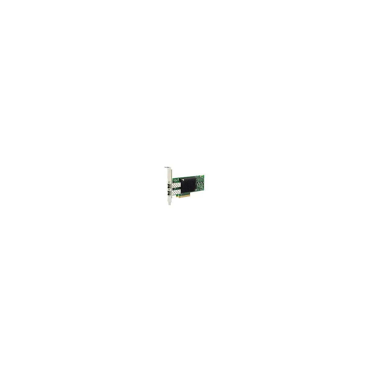 Eine grüne Netzwerkkarte mit zwei Ports, einem Kühlkörper und elektronischen Bauteilen vor weißem Hintergrund.