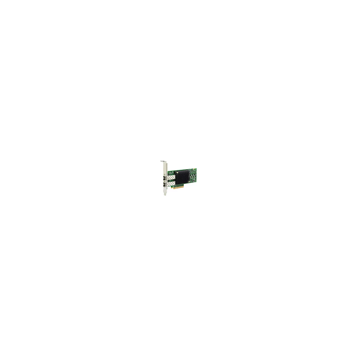 Eine grüne Netzwerkkarte mit Kühlkörper und zwei Anschlüssen. Metallhalterung zum Befestigen im Gehäuse.