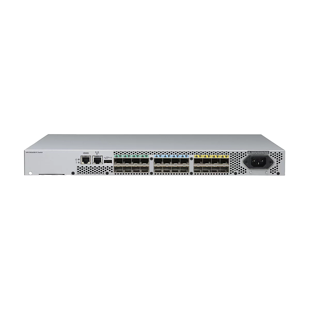 Ein silberfarbener HPE SN3600B FC Switch, Vorderansicht. Er hat zahlreiche Anschlüsse, darunter IOIOI, und eine Stromanschlussbuchse.