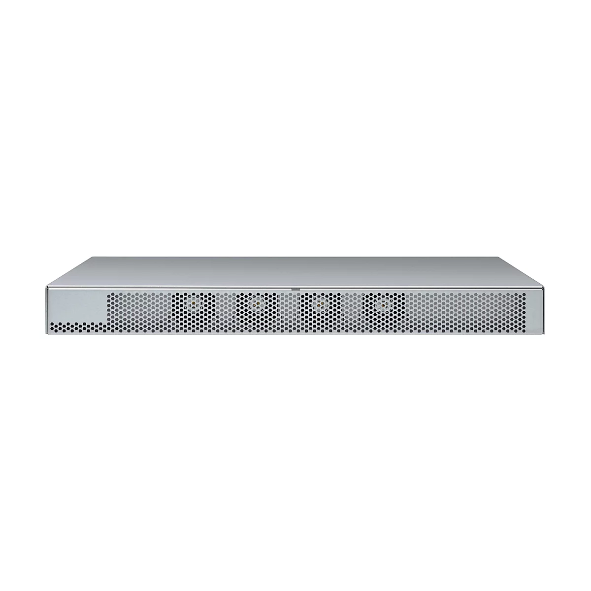 Ein silberfarbener Netzwerk-Switch vor weißem Hintergrund. Die Vorderseite zeigt ein Gitter mit Lüftern.