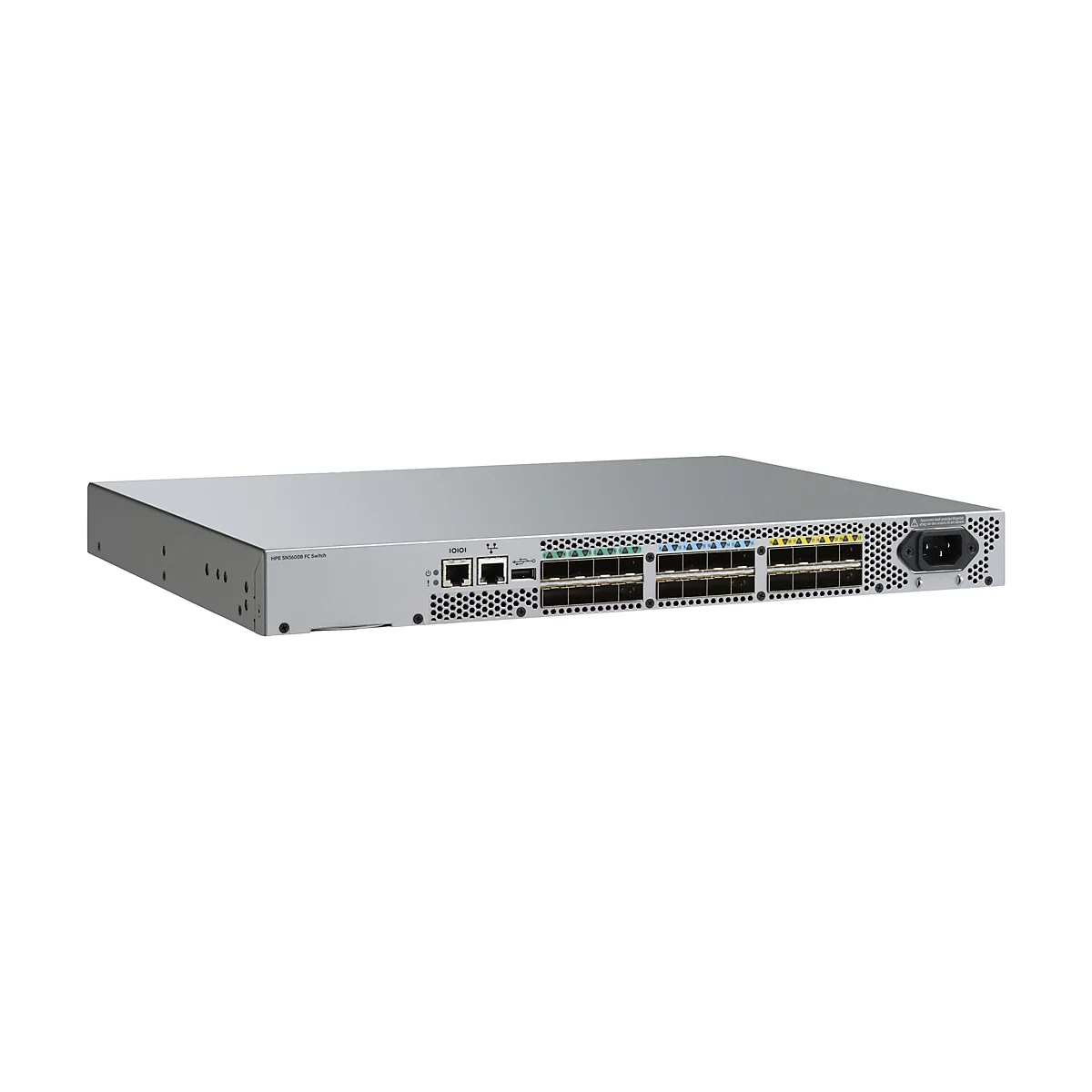 Ein silberfarbener HPE-Switch auf weißem Hintergrund. Ports und Anschlüsse sind sichtbar.