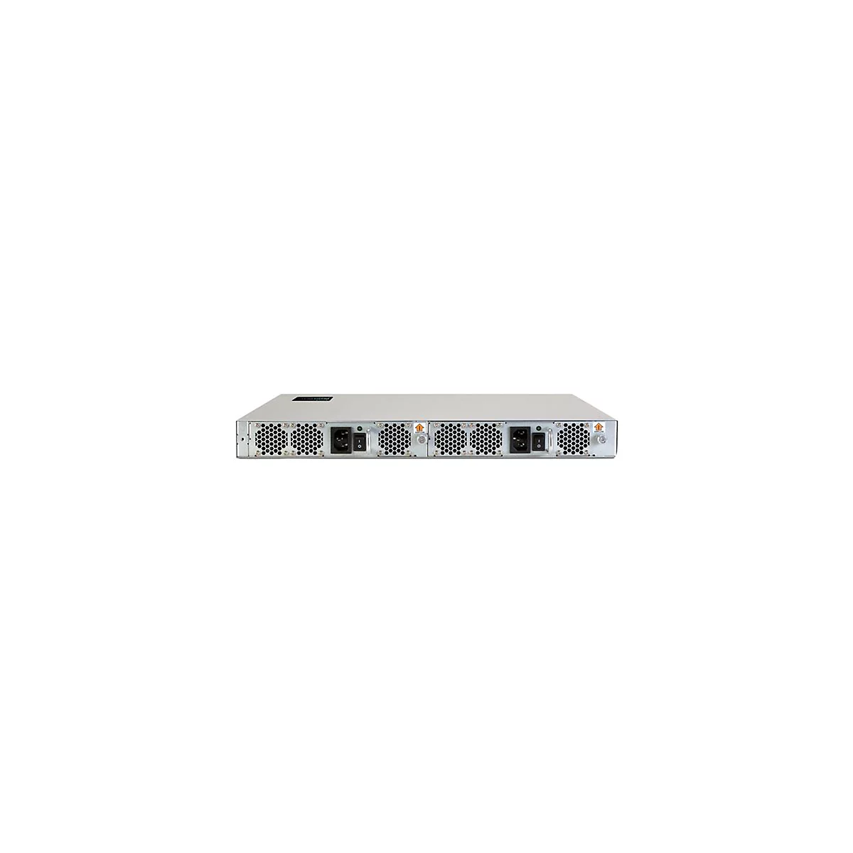 Rückansicht eines silberfarbenen Servers mit Lüftern, Stromanschlüssen und einem Ein-/Ausschalter.