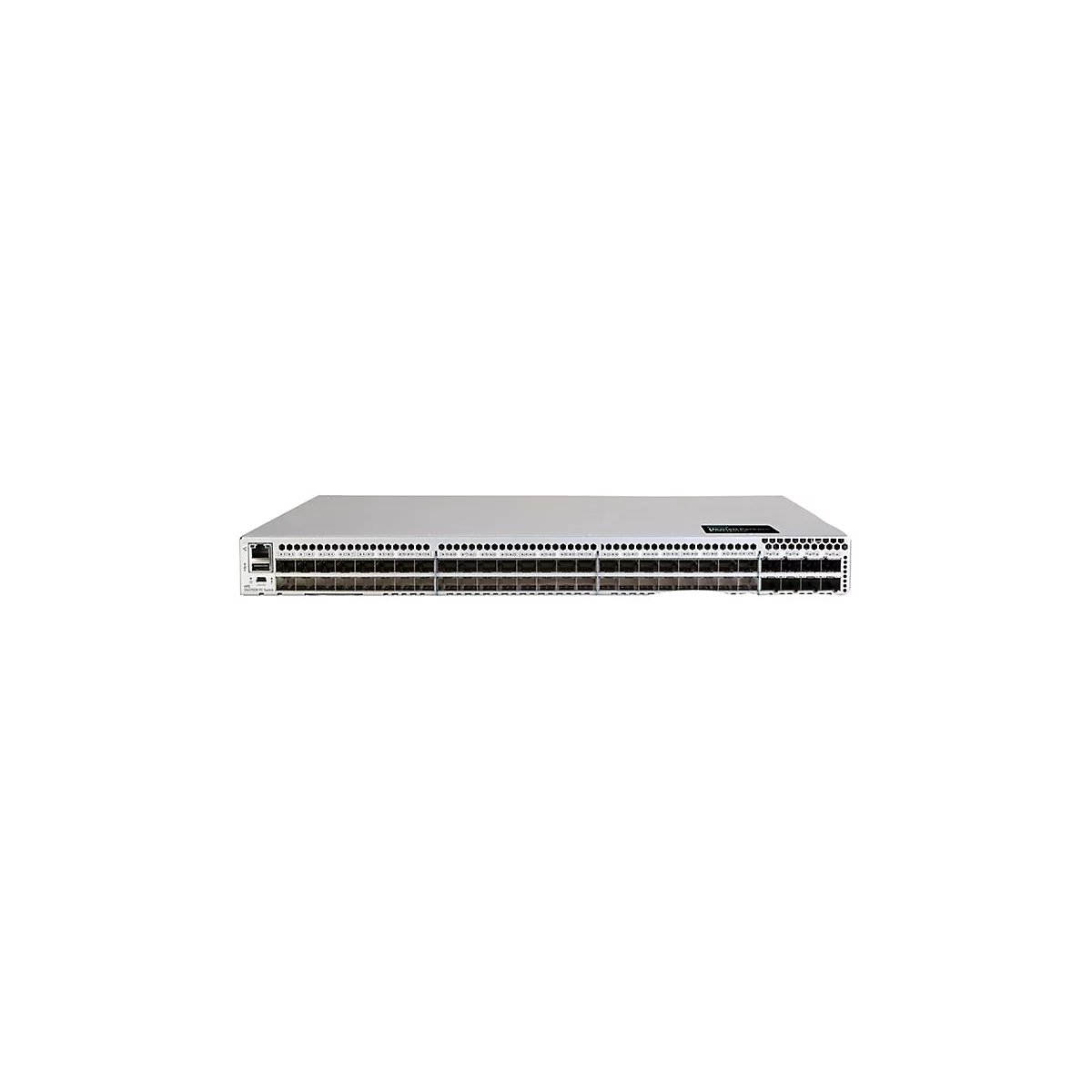 Ein grauer Netzwerkswitch mit vielen Anschlüssen. Auf der Oberseite steht "Mellanox Express".