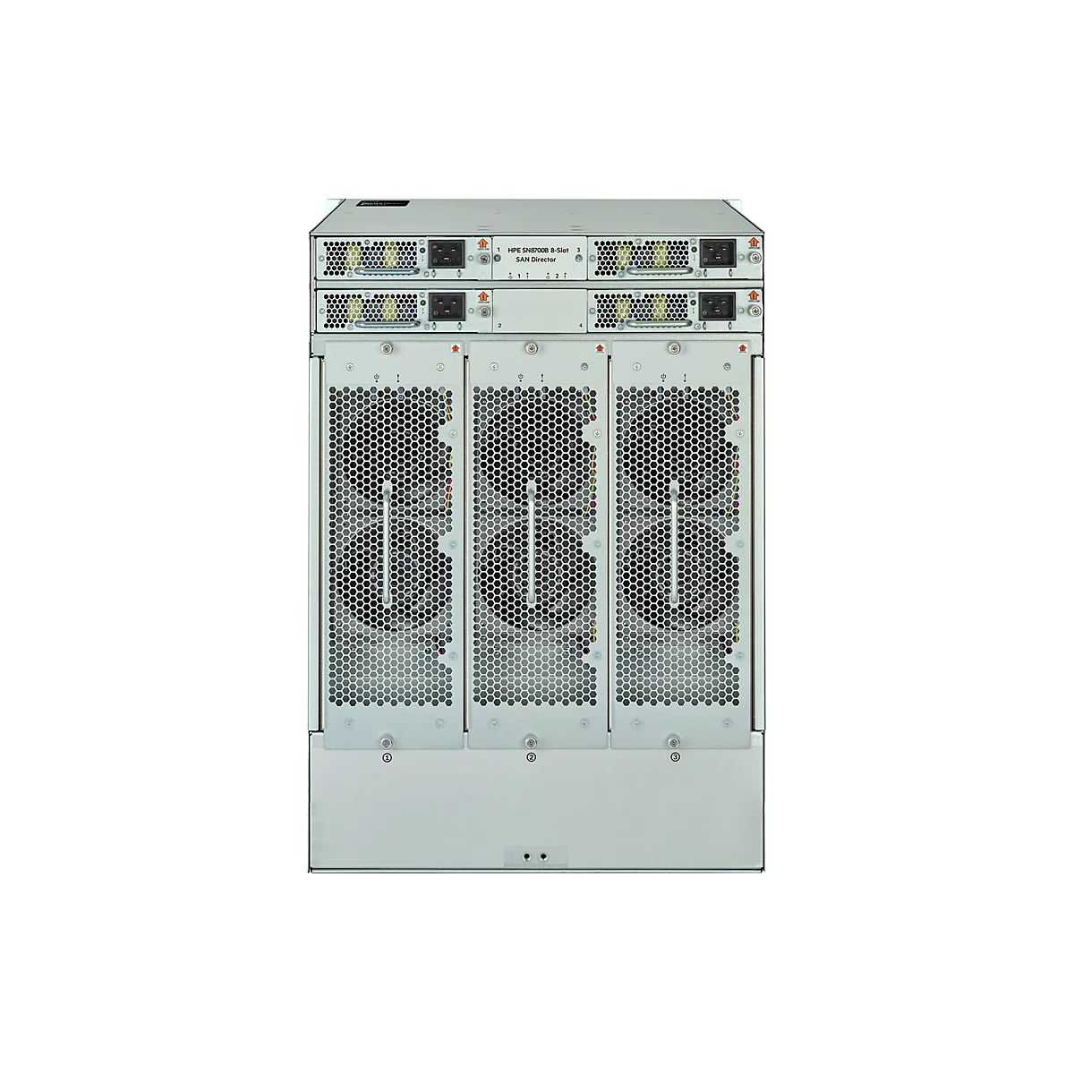 Ein grauer Server, Frontansicht, mit Lüftern und Steckplätzen. Oben steht HPE SN8700B 8-Slot SAN Director.