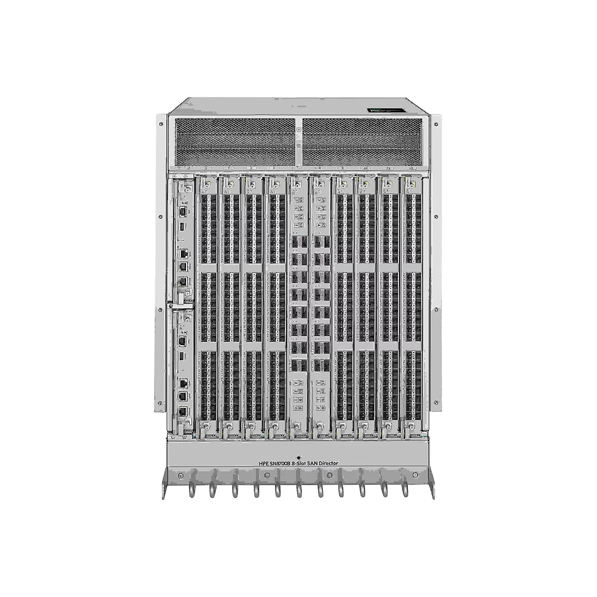 Ein grauer Server, Frontansicht, mit vielen Steckplätzen für Netzwerkkomponenten. Am unteren Rand steht "HPE SN8700B 8-Slot SAN Director".