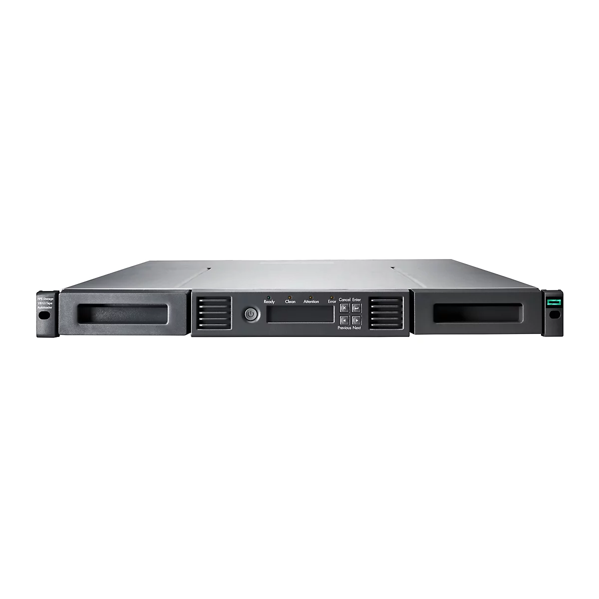 Ein schwarzer HPE Storage Autoloader mit Tasten und Anzeigen. Text: HPE Storage, 1/8 G3 Tape Autoloader.