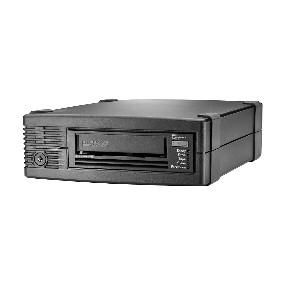 Ein schwarzes Ultrium 9 Bandlaufwerk von Hewlett Packard Enterprise. Auf der Vorderseite befinden sich Knöpfe für Funktionen wie "Ready", "Drive", "Tape", "Clean" und "Encryption".