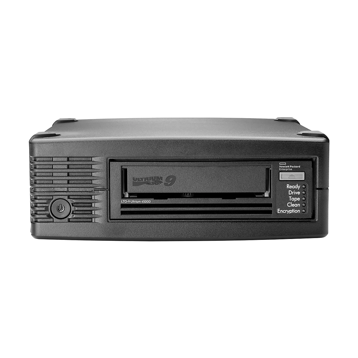 Schwarzes LTO-9 Ultrium 45000 Bandlaufwerk mit Bedienfeld und Hewlett Packard Enterprise Logo. Auf dem Bedienfeld steht: Ready, Drive, Tape, Clean, Encryption.