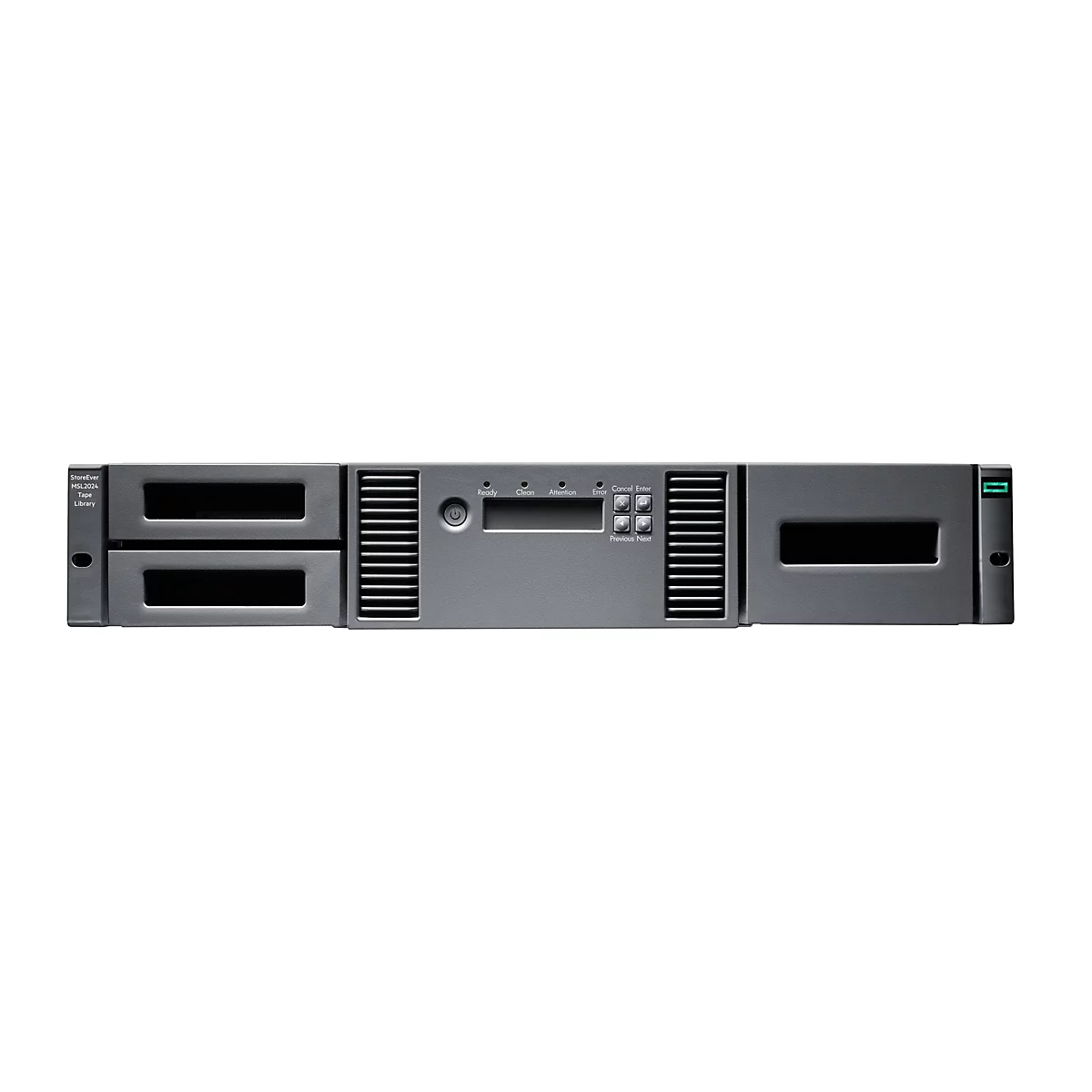 Grauer Server mit Schlitzen und Bedienfeld. Oben steht StoreEver MSL2024 Tape Library.
