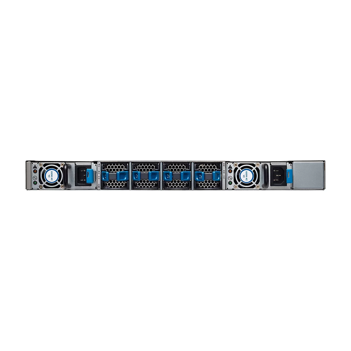 Rückseite eines Netzwerk-Switches mit zwei Netzteilen und mehreren Lüftermodulen auf weißem Hintergrund.