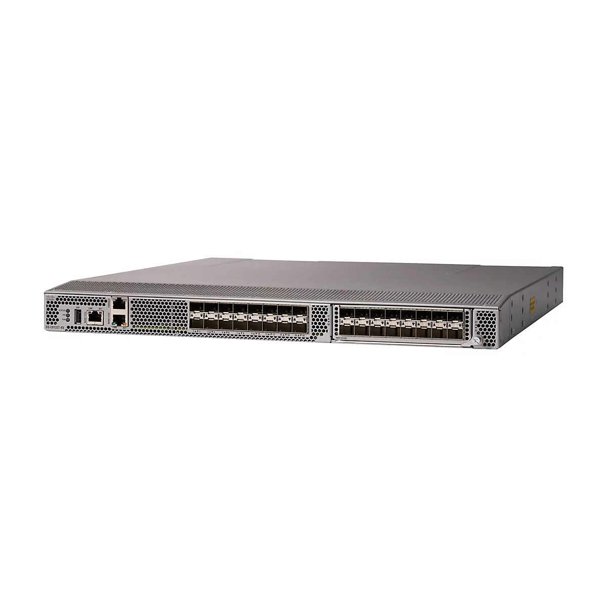 Cisco MDS 9132T Netzwerkschalter in Silber vor weißem Hintergrund.