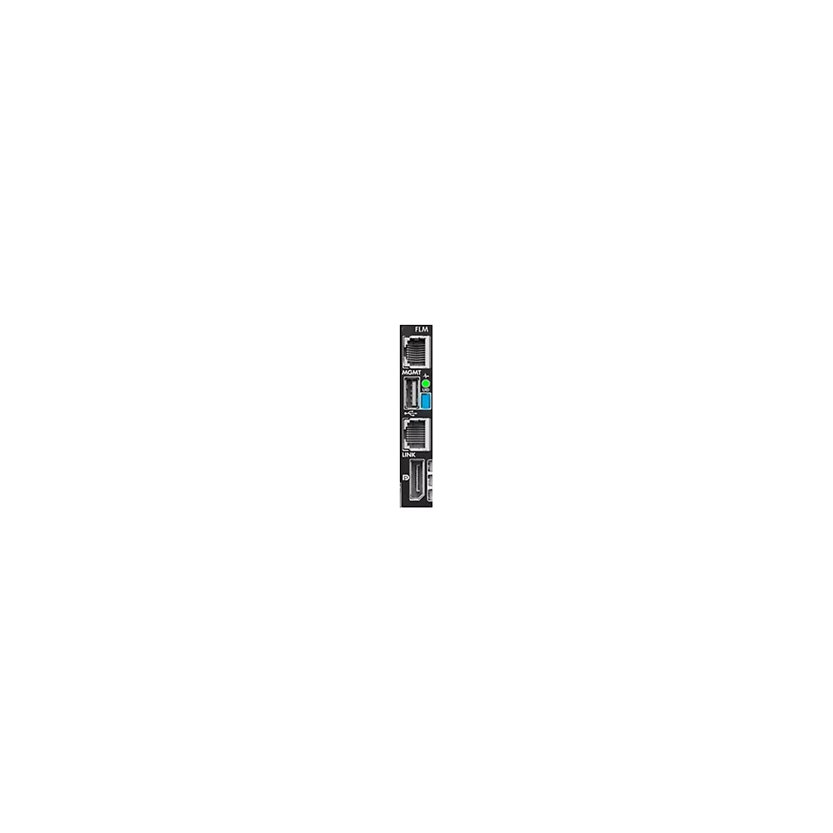 Nahaufnahme eines schwarzen Geräts mit Anschlüssen: FLM, MGMT, LINK, USB und HDMI, zwei Ethernet-Anschlüsse, grün und blau leuchtende LEDs.