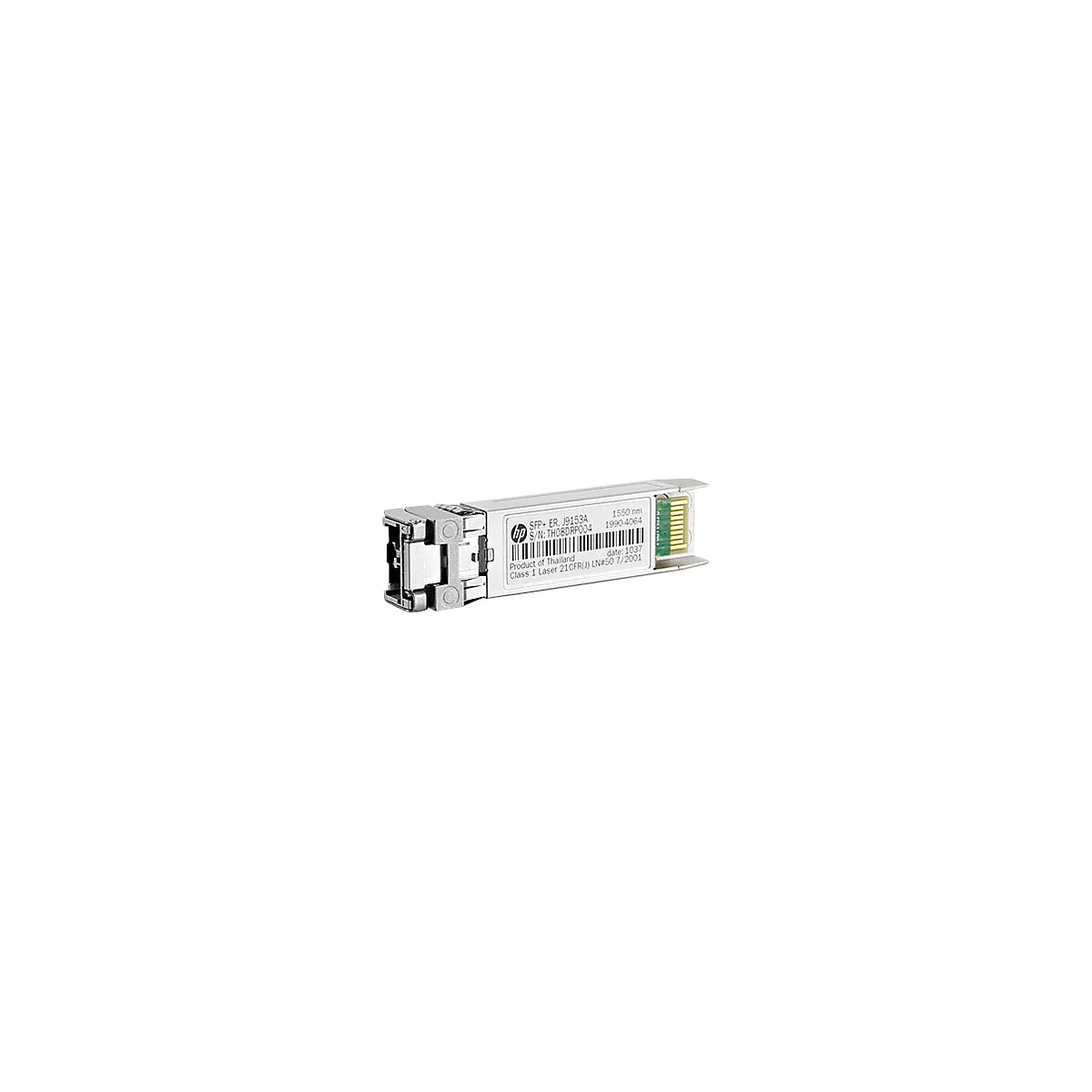 Ein SFP+ Transceiver-Modul mit Aufschrift und Herstellerlogo.