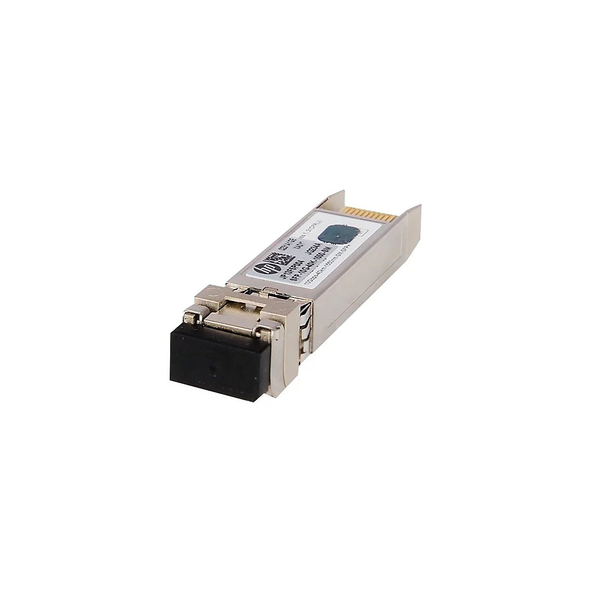 Ein silberner SFP-Transceiver mit schwarzem Stecker, mit HP-Logo und Text.