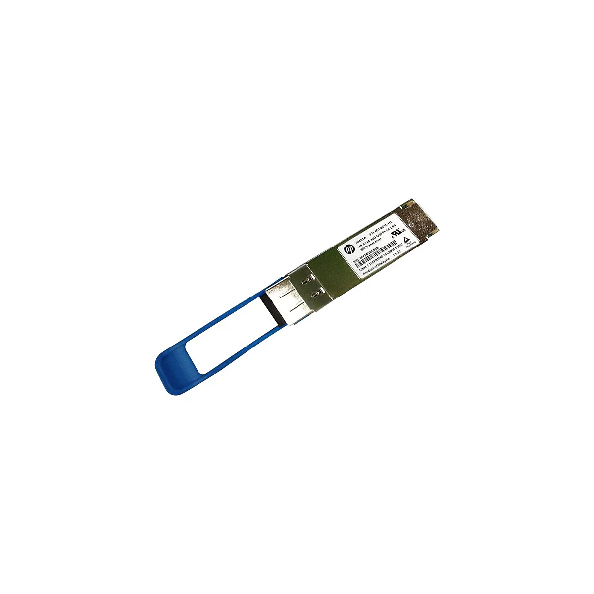 Ein silberner HP-Transceiver mit blauem Griff, Text zeigt Modellnummern und Hersteller. Auf weißem Hintergrund.