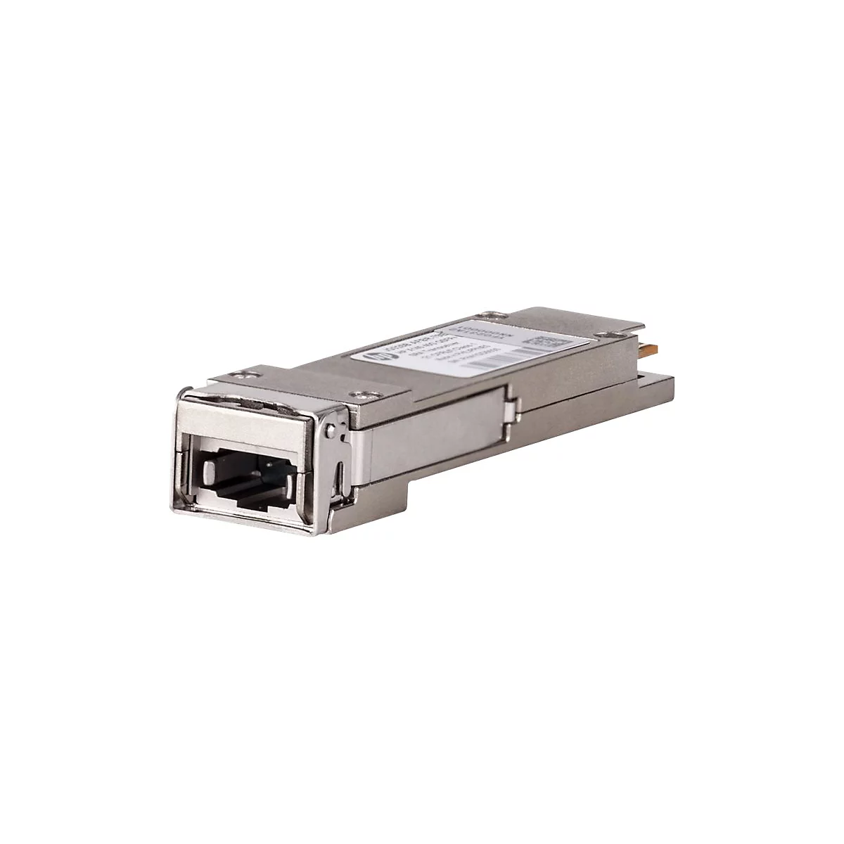 Ein silberner HP SFP-Transceiver vor weißem Hintergrund mit Firmenlogo und Barcode auf der Oberseite.