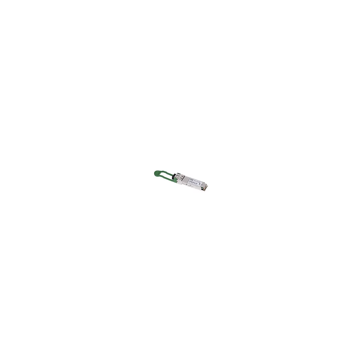 Ein silberner Netzwerkstecker mit grünem Bügel, Details und Aufschrift.