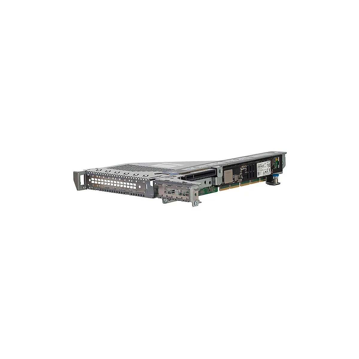Ein graues Computer-Hardware-Teil. Es ist länglich und hat Metall- und grüne Leiterplatten-Elemente.