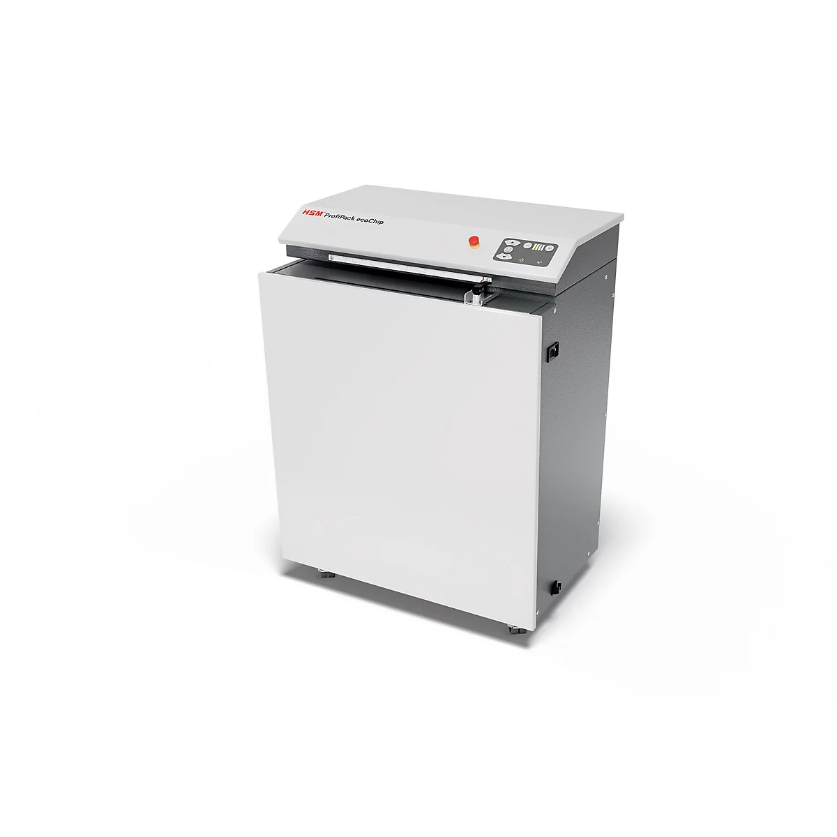 Een witte IDEAL papierversnipperaar tegen een witte achtergrond met bedieningspaneel rechtsboven.