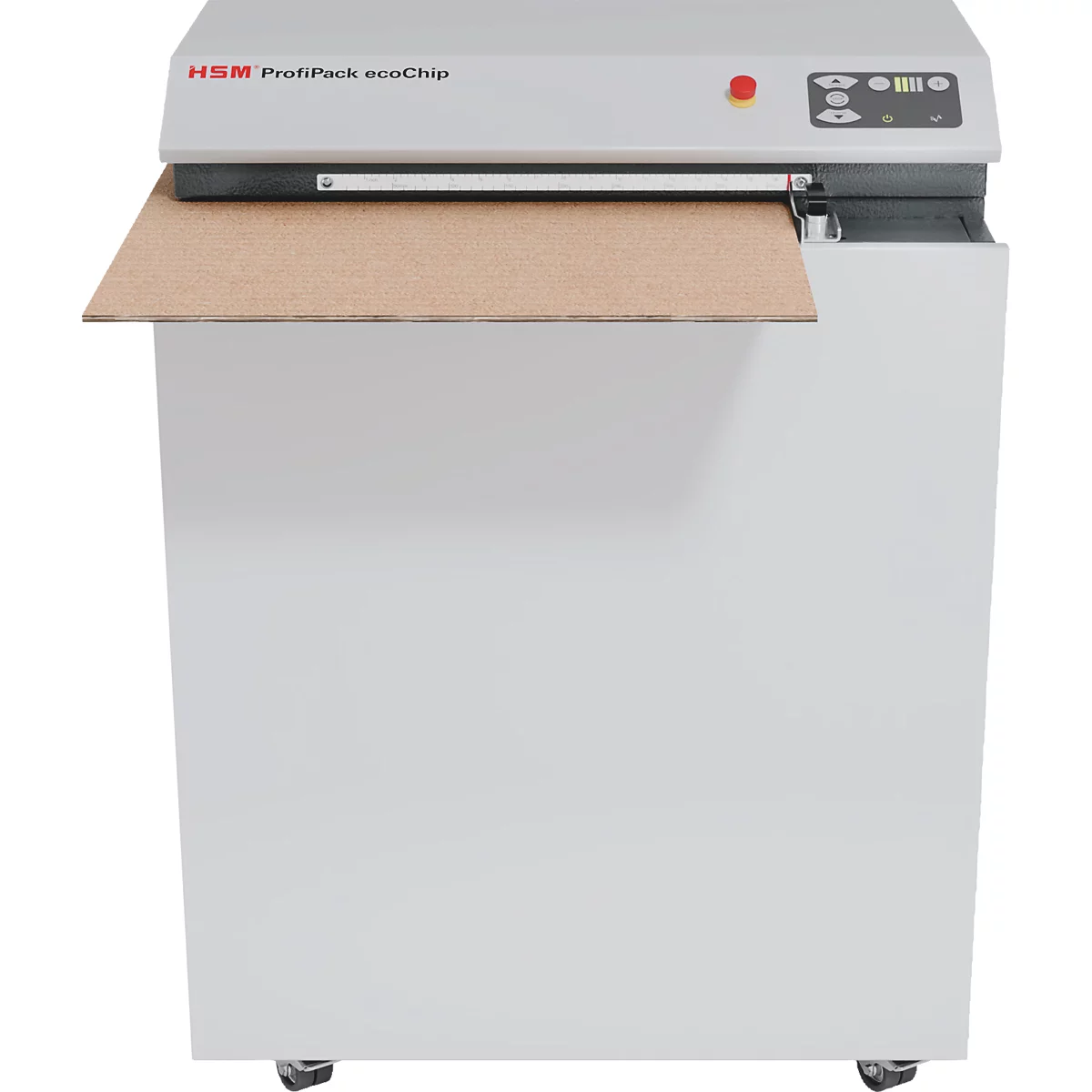 Een grijze HSM ProfiPack ecoChip kartonversnipperaar met een stuk golfkarton erin, tegen een witte achtergrond.